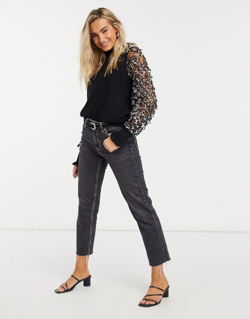 QED London sweater with mesh leopard sleeves in black