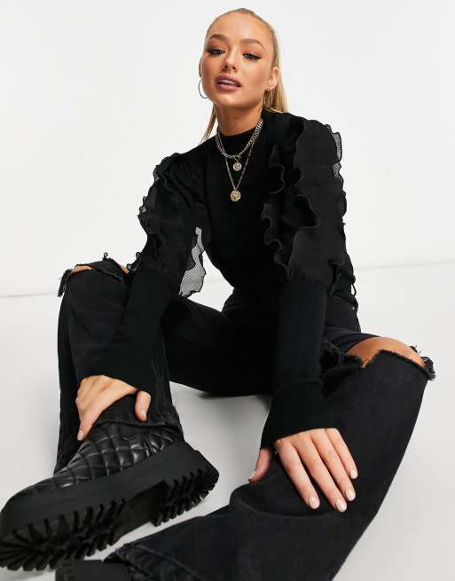 QED London sweater with ruffle sleeves in black ASOS