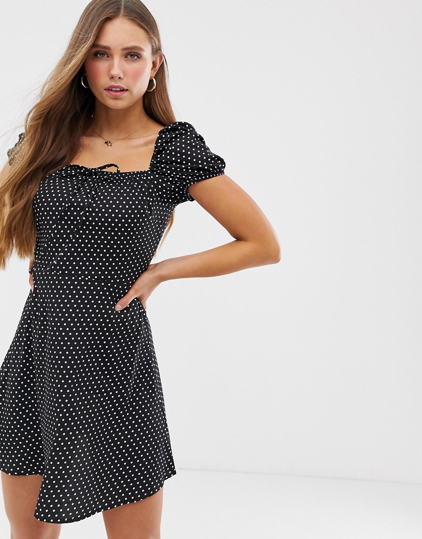 QED London sweetheart mini dress with puff sleeves in polka dot-Black