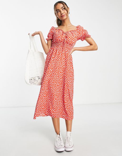 QED London sweetheart neckline midi dress in red floral | ASOS