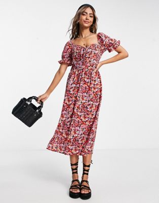 QED London sweetheart neckline puff sleeve midi dress in red floral