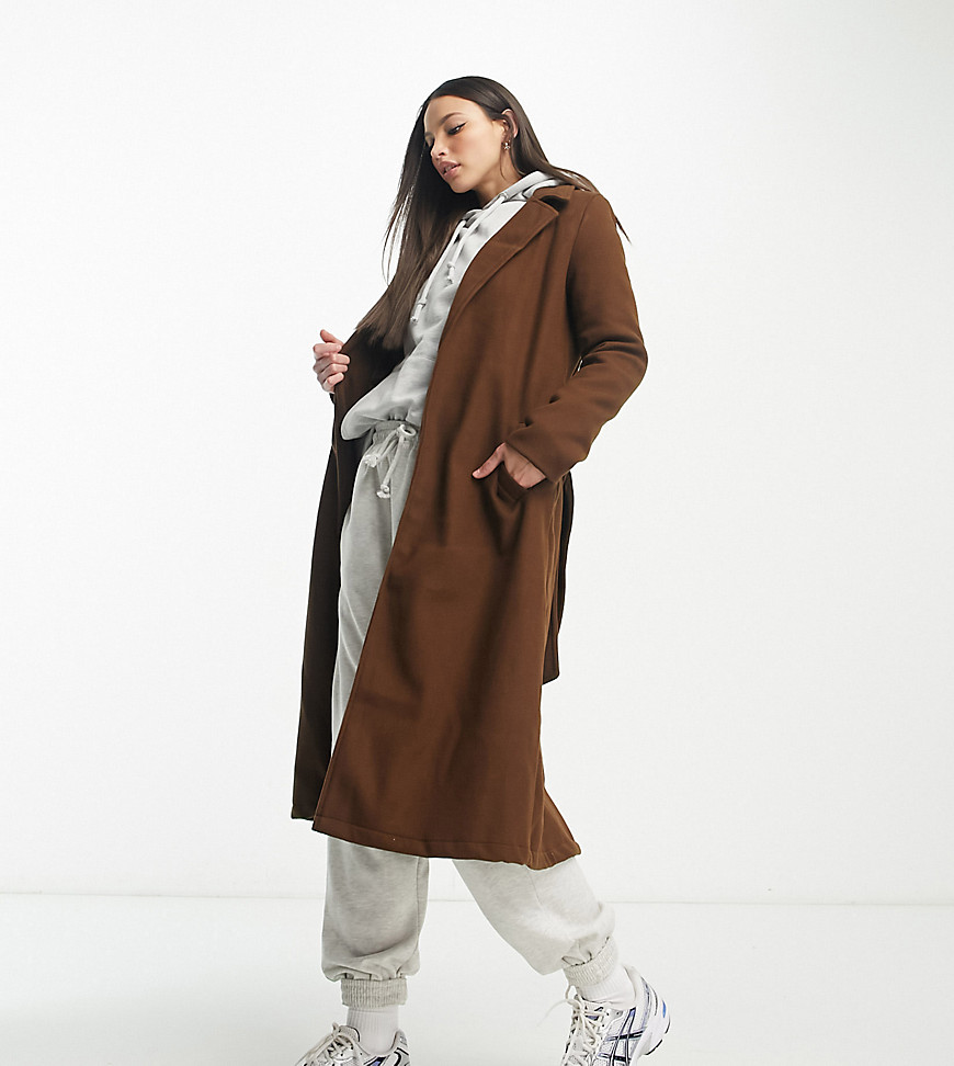 QED London Tall belted longline coat in chocolate brown