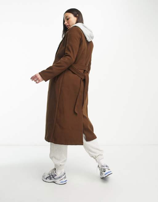 QED London Tall belted longline coat in chocolate brown, 2 of 4