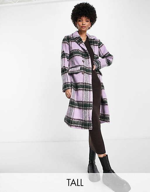 QED London Tall double breasted longline coat in lilac check