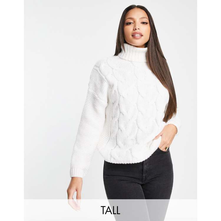 QED London Tall oversized roll neck cable knit sweater in ivory | ASOS