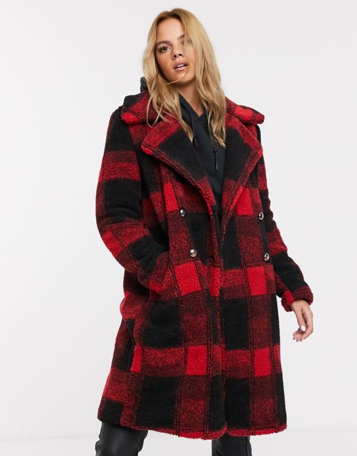 QED London teddy coat with double button detail in check print | ASOS