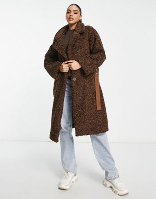 QED London teddy longline coat with PU belt in chocolate brown