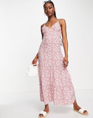 QED London tiered maxi dress in red floral print