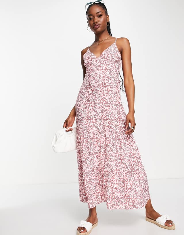 QED London - tiered maxi dress in red floral print