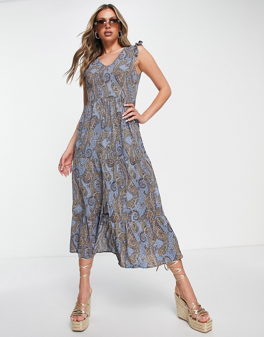 QED London tiered midaxi dress with frill detail in paisley print-Multi