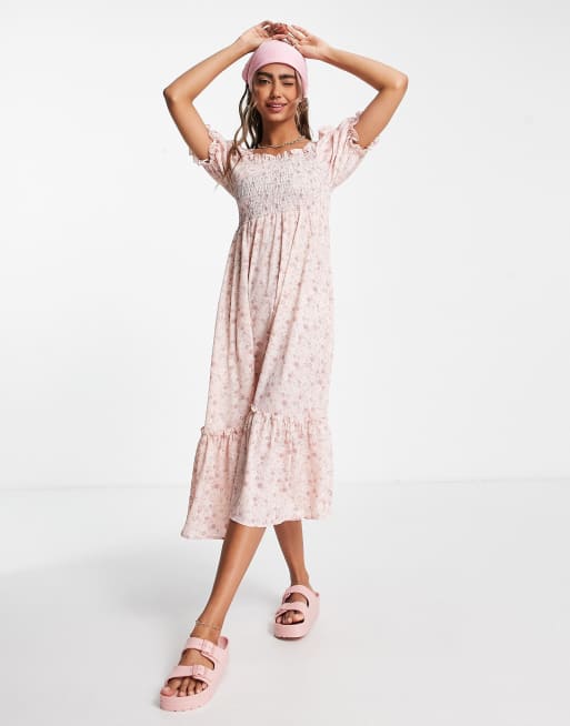 QED London tiered midi dress in pink floral