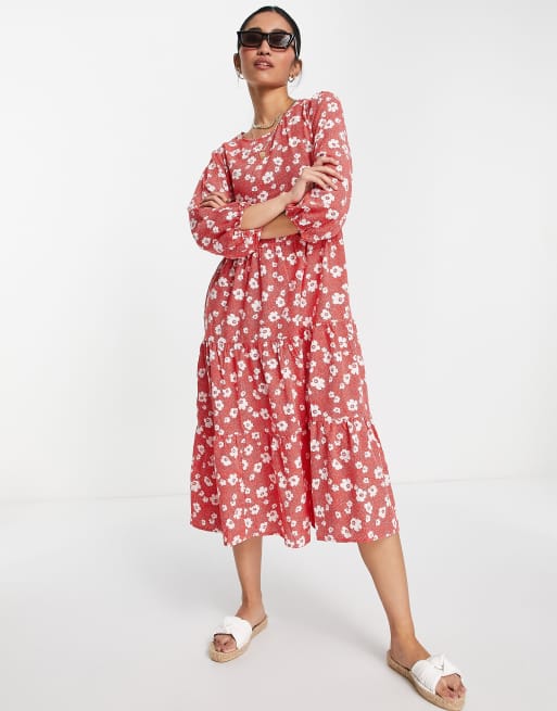 QED London tiered midi dress in red floral