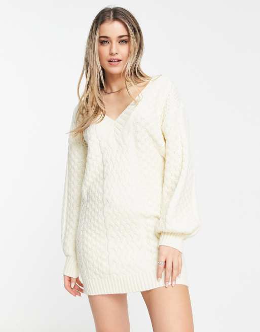 QED London v neck cable knit jumper dress in ivory | ASOS