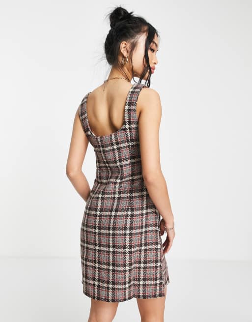 QED London - Vestito corto in tweed marrone a quadri, 2 di 4