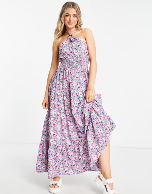 QED London - Vestito lungo a balze rosa a fiori allacciato al collo con anello