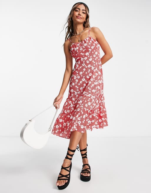QED London - Vestito midi con spalline sottili rosso a fiori con scollo a cuore