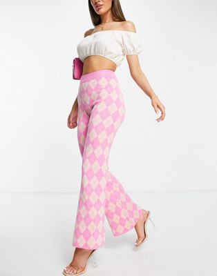 QED London wide leg knitted trousers co-ord in pink argyle