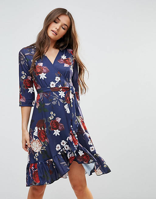 QED London Wrap Floral Midi Dress With Ruffle | ASOS