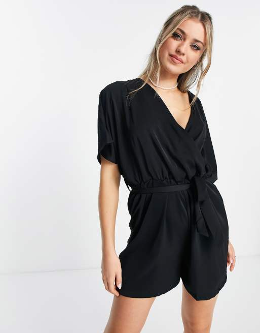 QED London wrap front belted playsuit in black