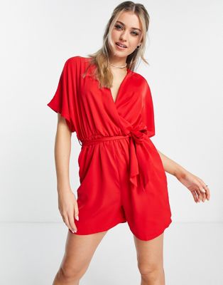 QED London wrap front belted playsuit in red
