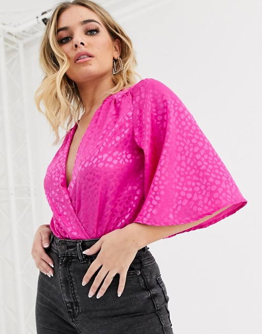 QED London wrap front satin jacquard bodysuit in hot pink