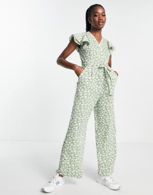 QED London QED London wrap front wide leg jumpsuit in sage floral print-Green