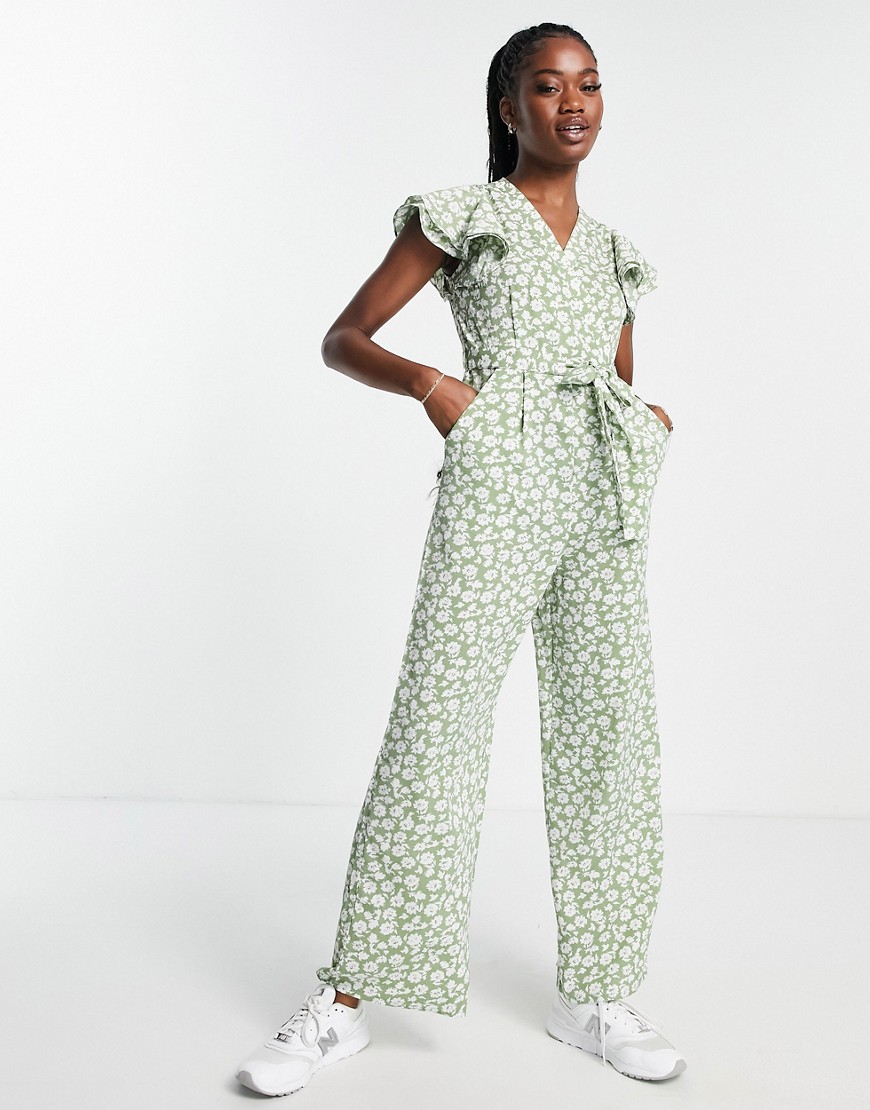 Qed London Wrap Front Wide Leg Jumpsuit In Sage Floral Print-Green