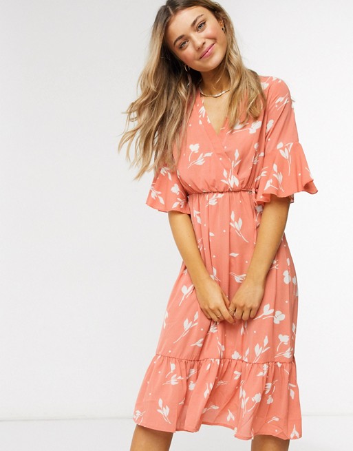 QED London wrap midi dress with pephem in coral shadow floral