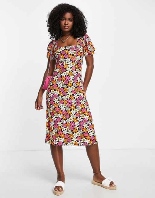QED London - Zachte midi-jurk met vierkante hals en bloemenprint in jaren 70-stijl