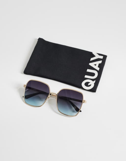 Quay 5th ave 70s large square metal frame sunglasses in gold with blue lens , 3 of 3