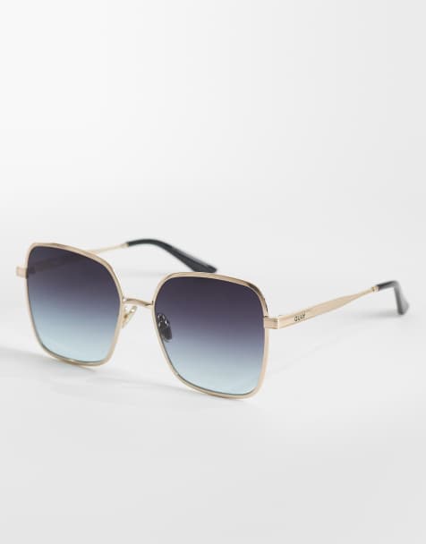 Quay 5th ave large square metal frame sunglasses in gold with blue lens - view 1