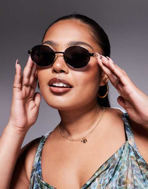 Quay anyways slim round metal sunglasses in gold with black lens 