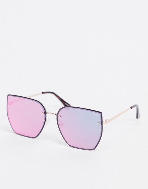 Quay Australia Around The Way square Sunglasses in gold with pink lens