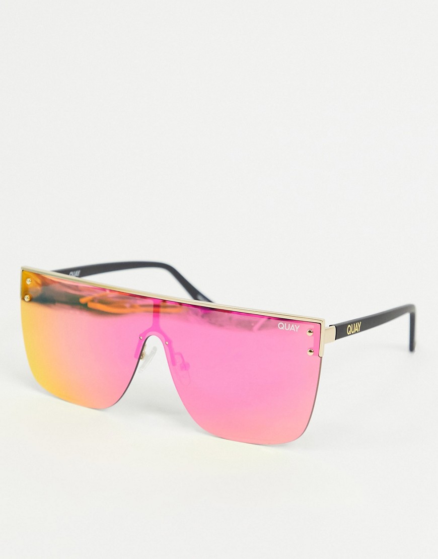 QUAY BLOCKED FLATBROW SUNGLASSES IN GOLD WITH PINK LENS,QU-000721-GLD/PNK