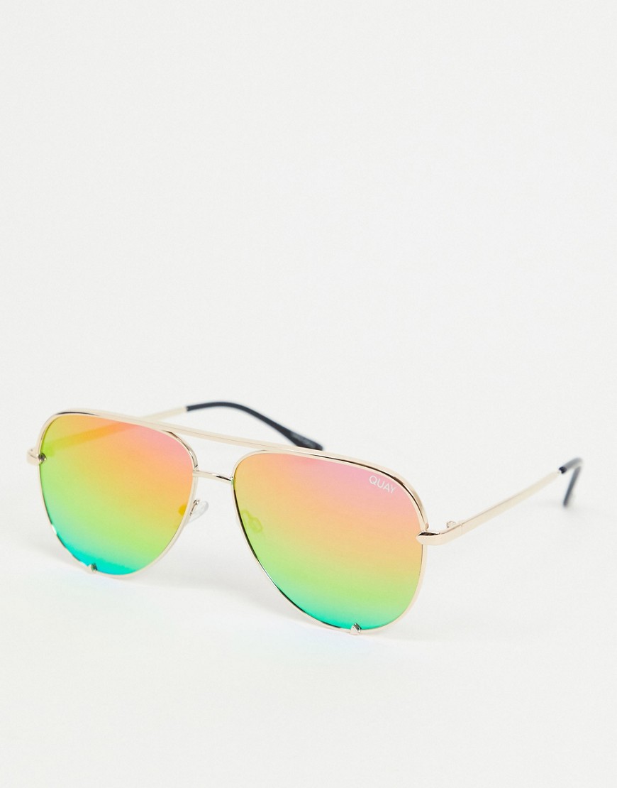 Quay Australia – High Key – Guldfärgade pilotsolglasögon med regnbågsfärgade glas