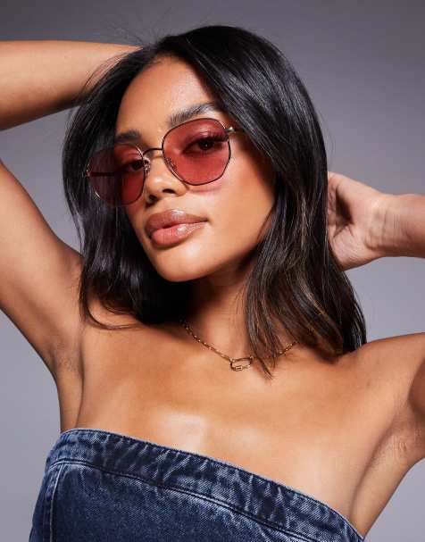 Quay – Big Time – Okrągłe okulary przeciwsłoneczne ze złotymi metalowymi oprawkami i różowymi soczewkami - view 1