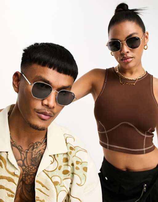 Quay Big Time round sunglasses with polarized lens in gold  display picture 2