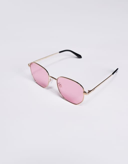 Quay – Big Time – Runde Sonnenbrille aus goldfarbenem Metall mit rosa Gläsern , 2 von 3