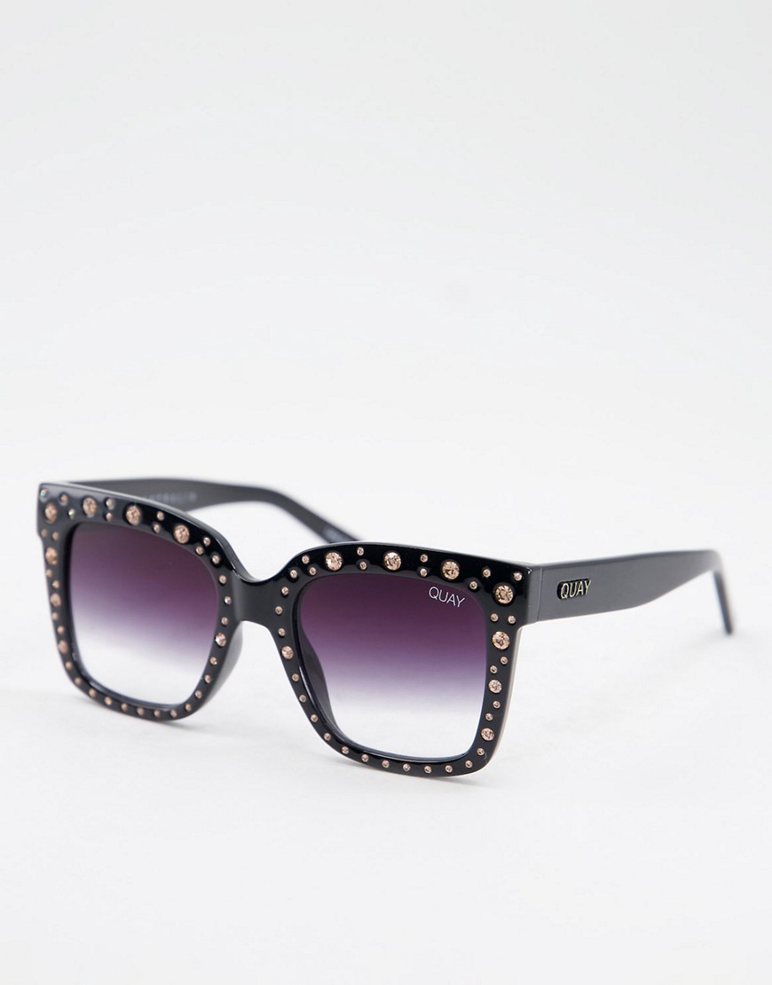 quay cat eye sunglasses in black with rose gems