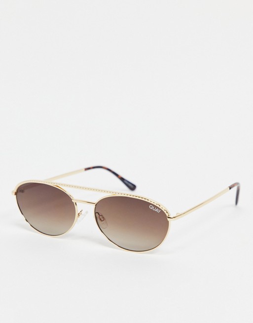 Quay Easily Amused womens slim oval sunglasses in gold