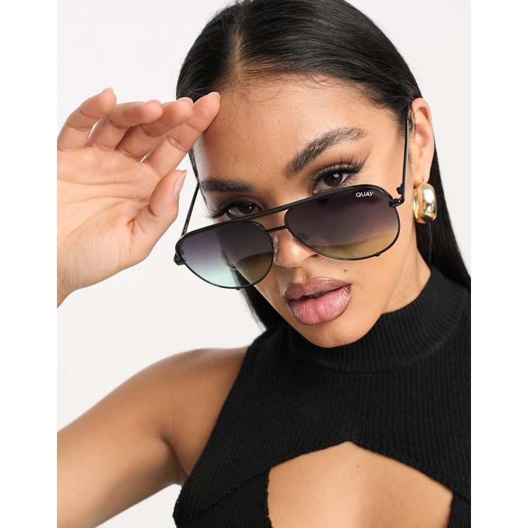 Quay High Key Aviator Sunglasses (Black/Smoke Lens)