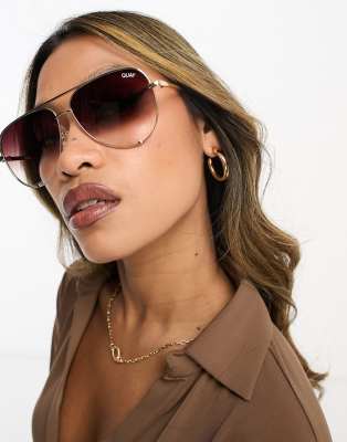 Quay High Key Aviator Sunglasses In Gold Brown