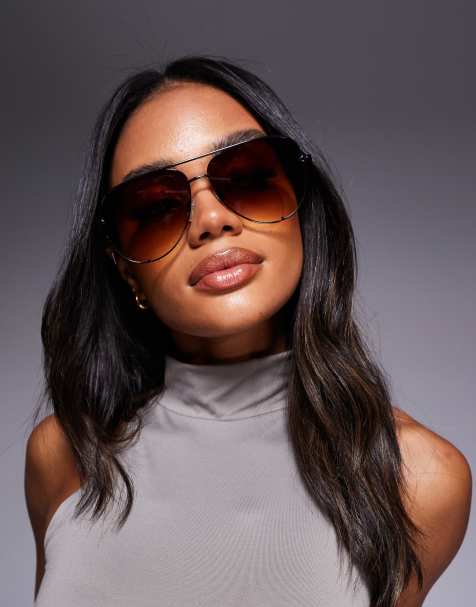 Quay high key metal aviator sunglasses in black with brown yellow gradient lens - view 1