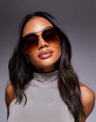 Quay high key metal aviator sunglasses in black with brown yellow gradient lenses