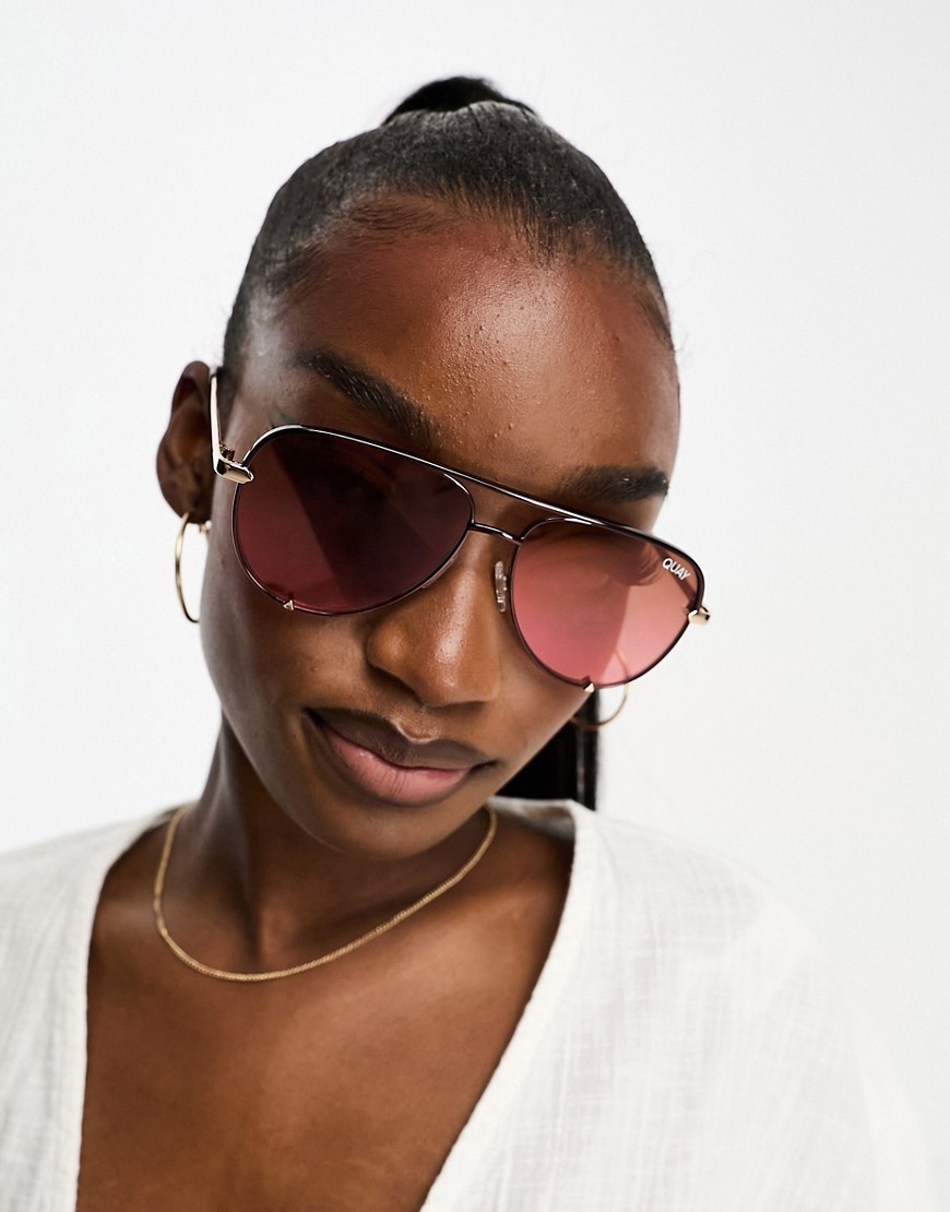 quay high key micro aviator sunglasses in brown and gold