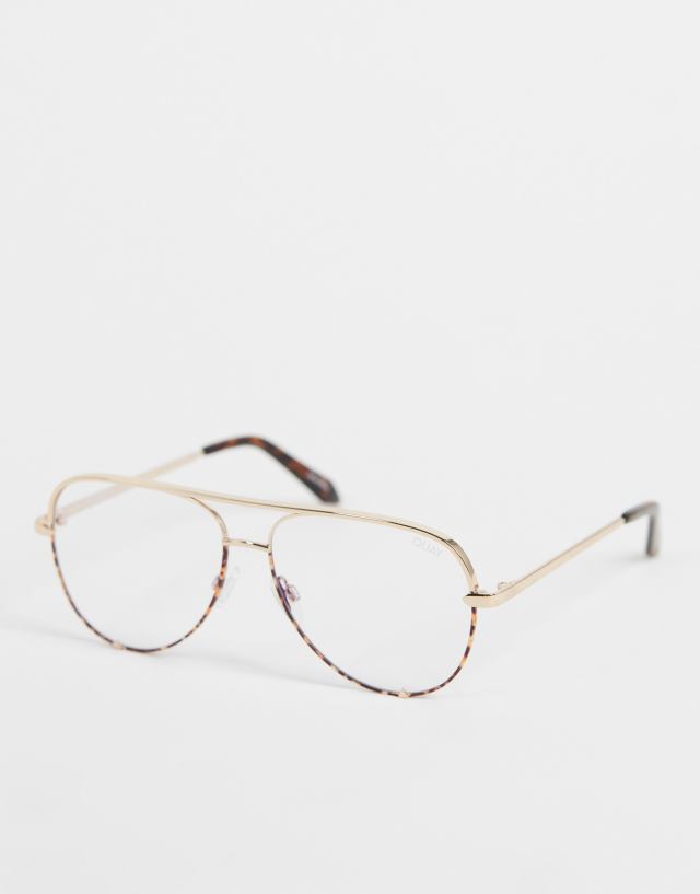 Quay High Key Mini blue light aviator glasses in gold