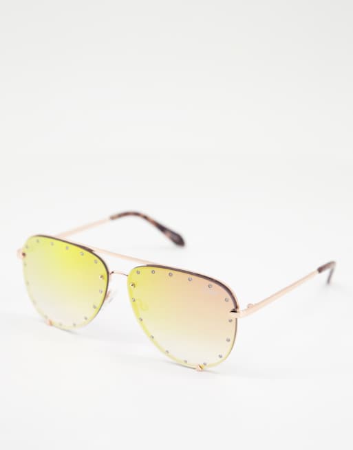 Quay - High Key - Occhiali da sole modello aviatore con strass, colore rosa