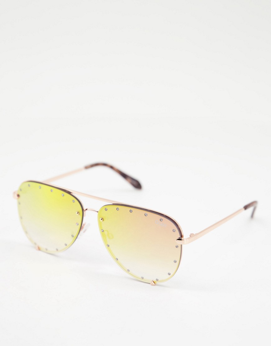 quay - high key - pink aviator-solbriller med rhinsten-guld