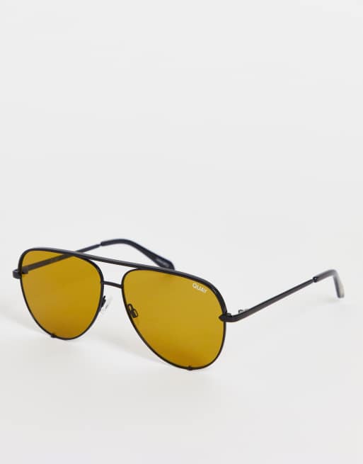 Quay - High Key - Sorte aviator-solbriller med gule glas 