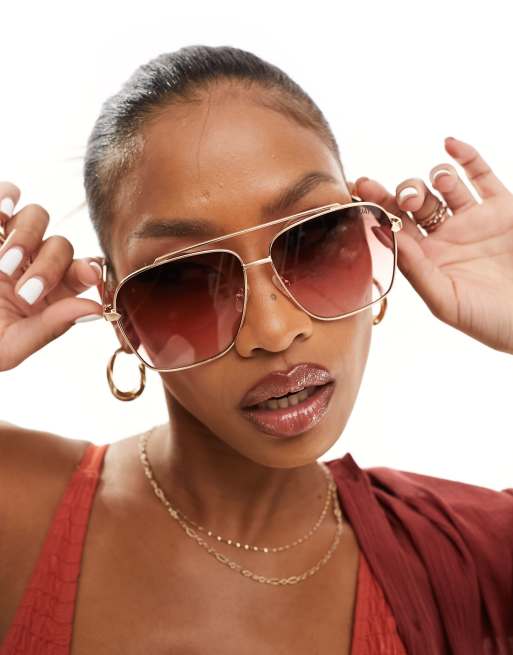 Quay – High Roller – Eckige Oversize-Sonnenbrille mit Farbverlauf in Gold und Rubinrot